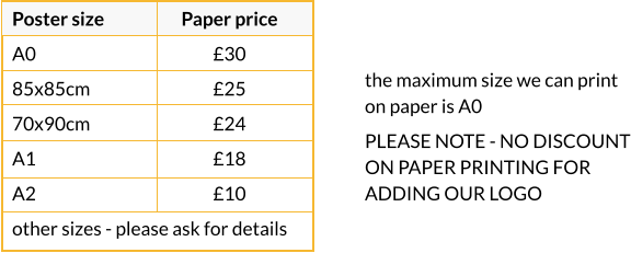 Poster size A0 85x85cm 70x90cm A1 A2 other sizes - please ask for details Paper price £30 £25 £24 £18 £10  the maximum size we can print on paper is A0 PLEASE NOTE - NO DISCOUNT ON PAPER PRINTING FOR ADDING OUR LOGO