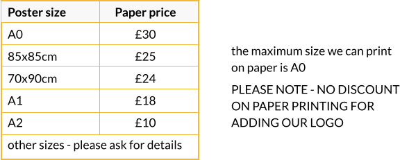 Poster size A0 85x85cm 70x90cm A1 A2 other sizes - please ask for details Paper price £30 £25 £24 £18 £10  the maximum size we can print on paper is A0 PLEASE NOTE - NO DISCOUNT ON PAPER PRINTING FOR ADDING OUR LOGO